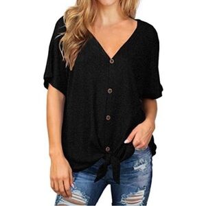 IWOLLENCE Womens Sz S Waffle Knit Tunic Blouse Tie Knot Short Sleeve Henley Tops